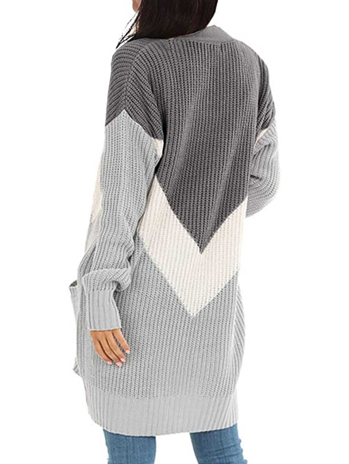 Winter Casual V-Neck Long Cardigan for Women Autumn Patchwork Sleeve Pocket Knitted Sweater Womens Cardigans Kobieta Swetry 210604