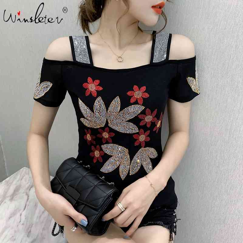Women's T-Shirt Summer Fashion European Clothes T-shirt Sexy Off Shoulder Diamonds Mesh Women Tops Ropa Mujer All Match Tees T0662, Black tshirt
Women's T-Shirt Summer Fashion European Clothes T-shirt Sexy Off Shoulder Diamonds Mesh Women Tops Ropa Mujer All Match Tees T0662, Black tshirt