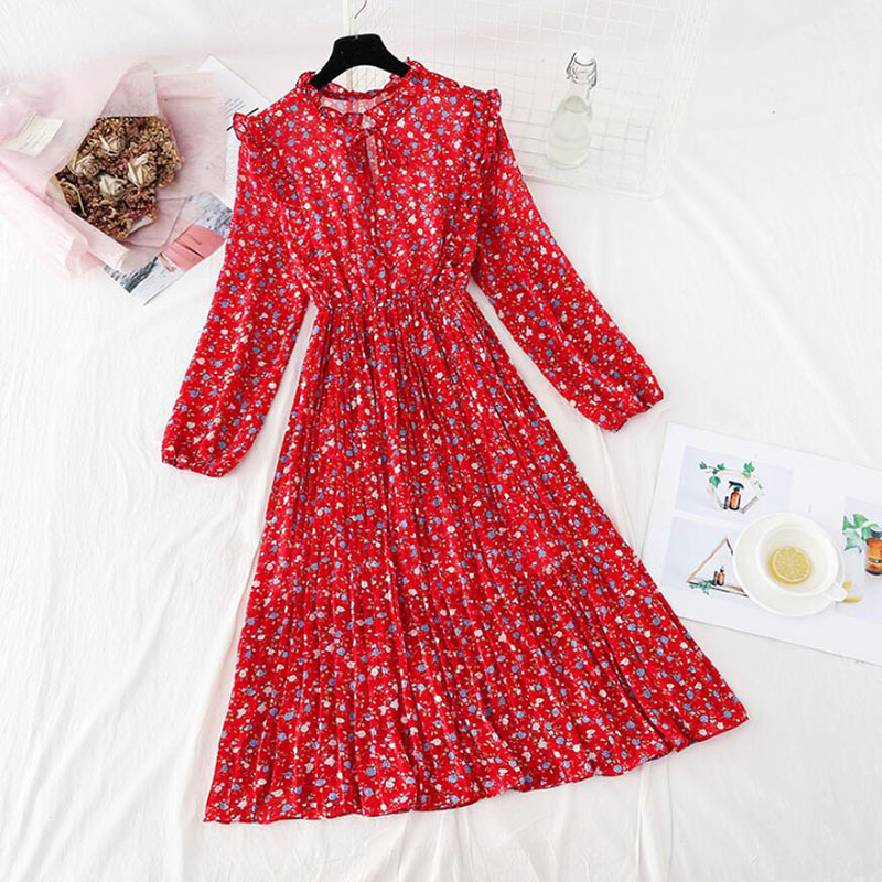 Spring Vintage Floral Print Women Dress Elastic Waist Ruffle Chiffon Long Sleeve A Line Dress O Neck Summer Beach Vestidos 210521