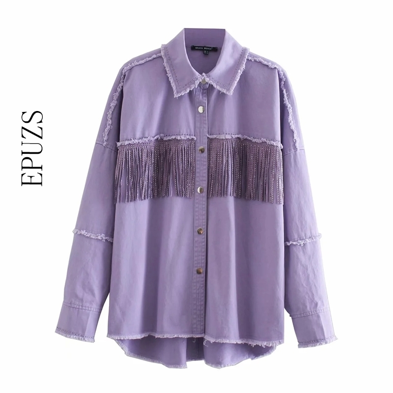 Fshion black green Denim jacket women wintwr coat Streetaear long sleeve tassel casual laides office and 210521