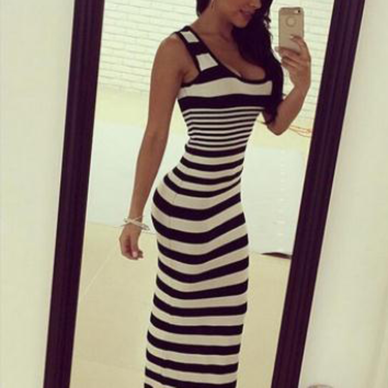Women Bodycon Long Dress Sexy Sleeveless Plus Size Dresses Summer Striped Vintage Skinny Party Maxi Dress Vestidos 5XL