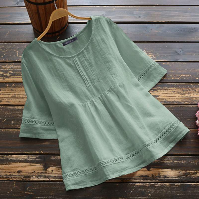 Women Vintage Casual Chemise ZANZEA Solid Color Cotton Blouses Half Sleeve O-Neck Spliced Shirt Hollow Out Tops Plus Size 5XL, Light green 
Women Vintage Casual Chemise ZANZEA Solid Color Cotton Blouses Half Sleeve O-Neck Spliced Shirt Hollow Out Tops Plus Size 5XL, Light green