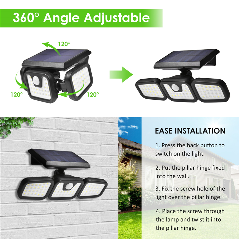 Outdoor Wall Lamps Solar Security Lamps 3 Head Motion Sensor Lights Adjustable Outdoor Spotlights 360°Rotatable IP67 Waterproof Porch Garden Patio Yar