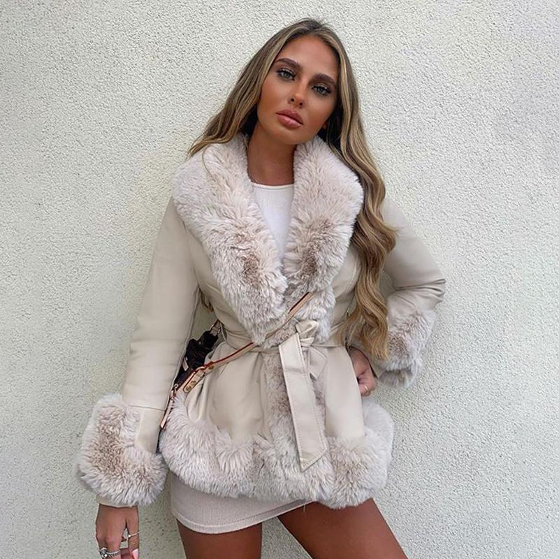 Leather Jackets Women Fashion Tie Belt Waist Short Coats Elegant Side Pockets Faux Fur Female Ladies JT Women's &