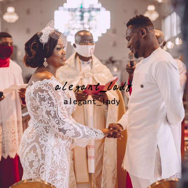 Plus Size African Mermaid Wedding Dresses 2022 Full Lace Long Sleeve Aso Ebi Peplum Nude Lining Garden Church Bridal Gowns Robes