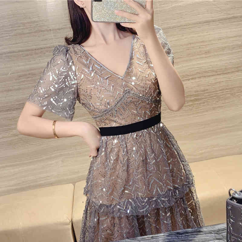 Arrive Summer Short Sleeve Sequin Midi Dress Sexy V-Neck High Quality Runway Long Dresses Vestidos 210520