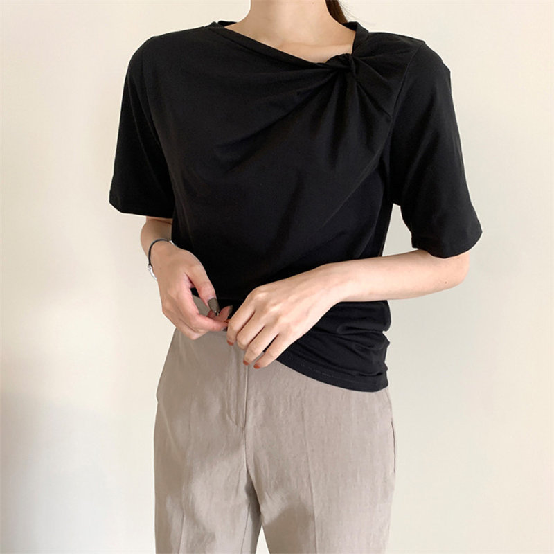 Chic Gentle Sexy Skew Collar Casual Slim Lady OL Short Sleeves Stylish Loose All Match Summer Sweet T-shirts 210421