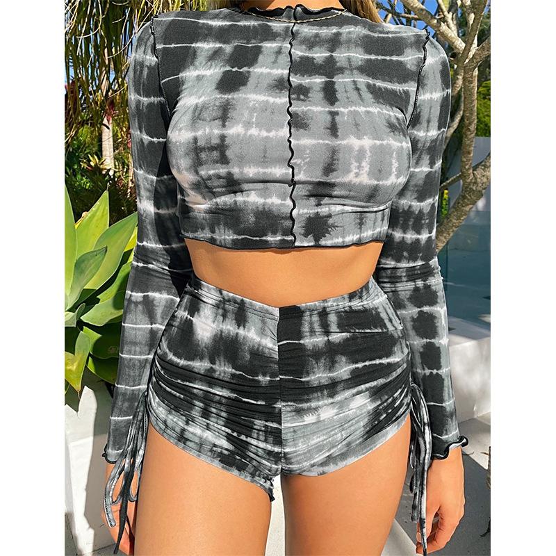 Tassel Activity Clother Female Vintage Stripe Print 2 Piece Set Street Full Crop Top Shorts Ruched set Sport Slim Women's Tracksuits