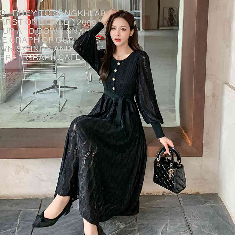 Autumn and Winter Temperament Slim Frenulum Single breasted Thickening Long sleeves Dress Patchwork lace 210506