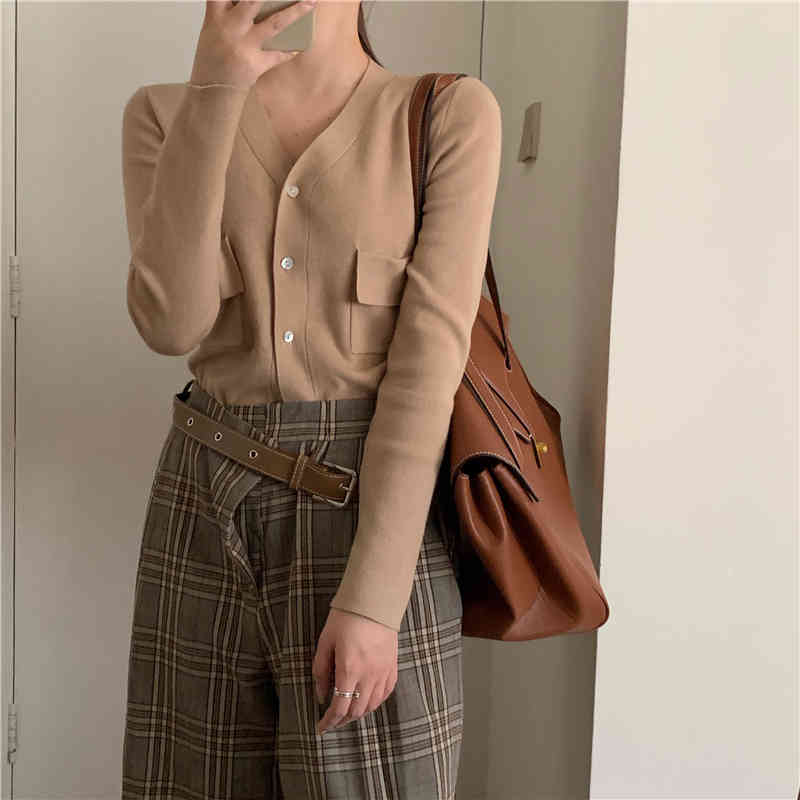 3 colors autumn korean style street Women v neck Cardigan Sweater coat Female Outwear long sleeve Knitted tops (R99443 210423