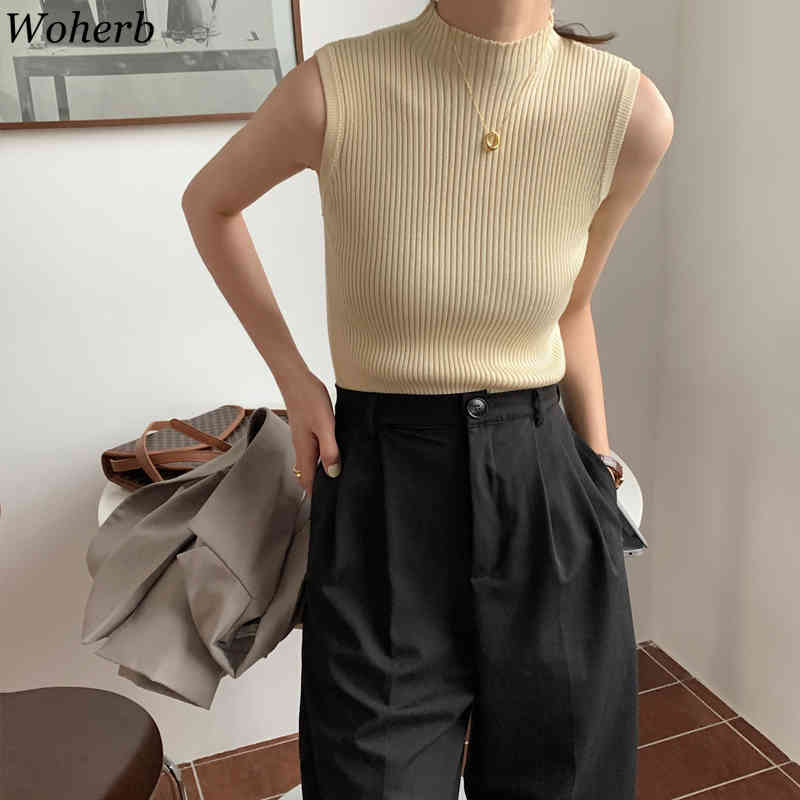 Women Tank Tops Summer Knitted Turtleneck Ladies Sexy Thin Slim Female Casual T-shirt All Match Top 210519