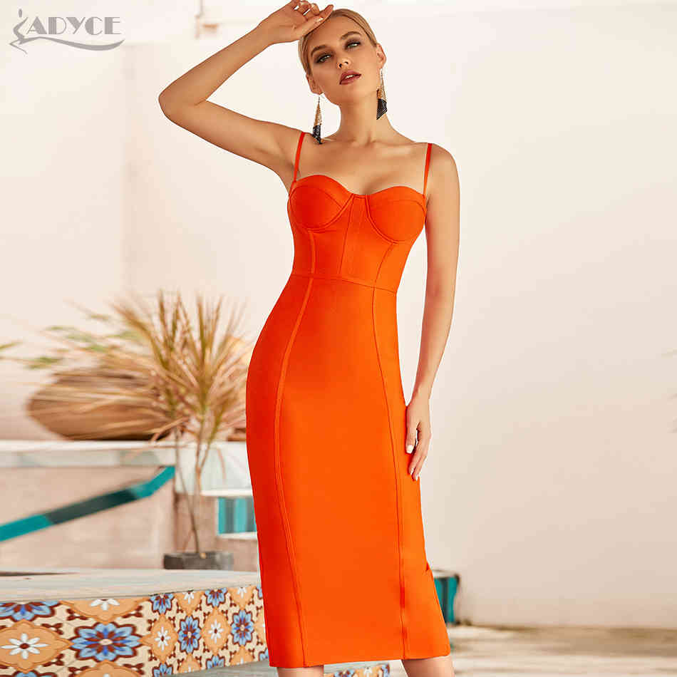 Adyce New Summer Women Sleeveless Bandage Dress Sexy Spaghetti Strap Orange Bodycon Evening Runway Club Party Dress Vestido 210331