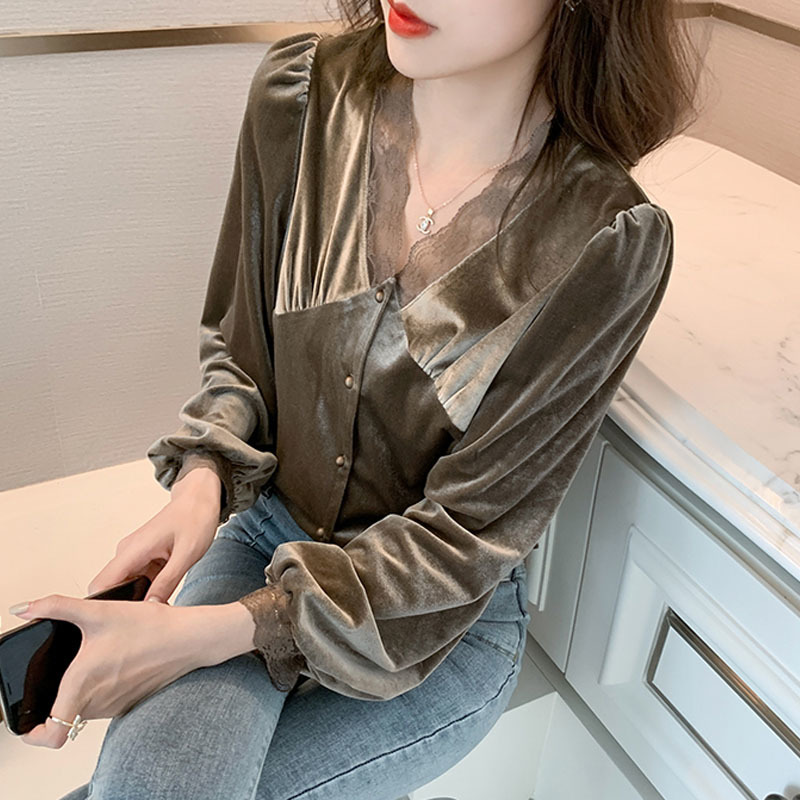 Gold Velvet Lace Women's Shirt Autumn and Winter Korean Slim V-neck Blouse Women Long Sleeve Bottoming 12627 210427