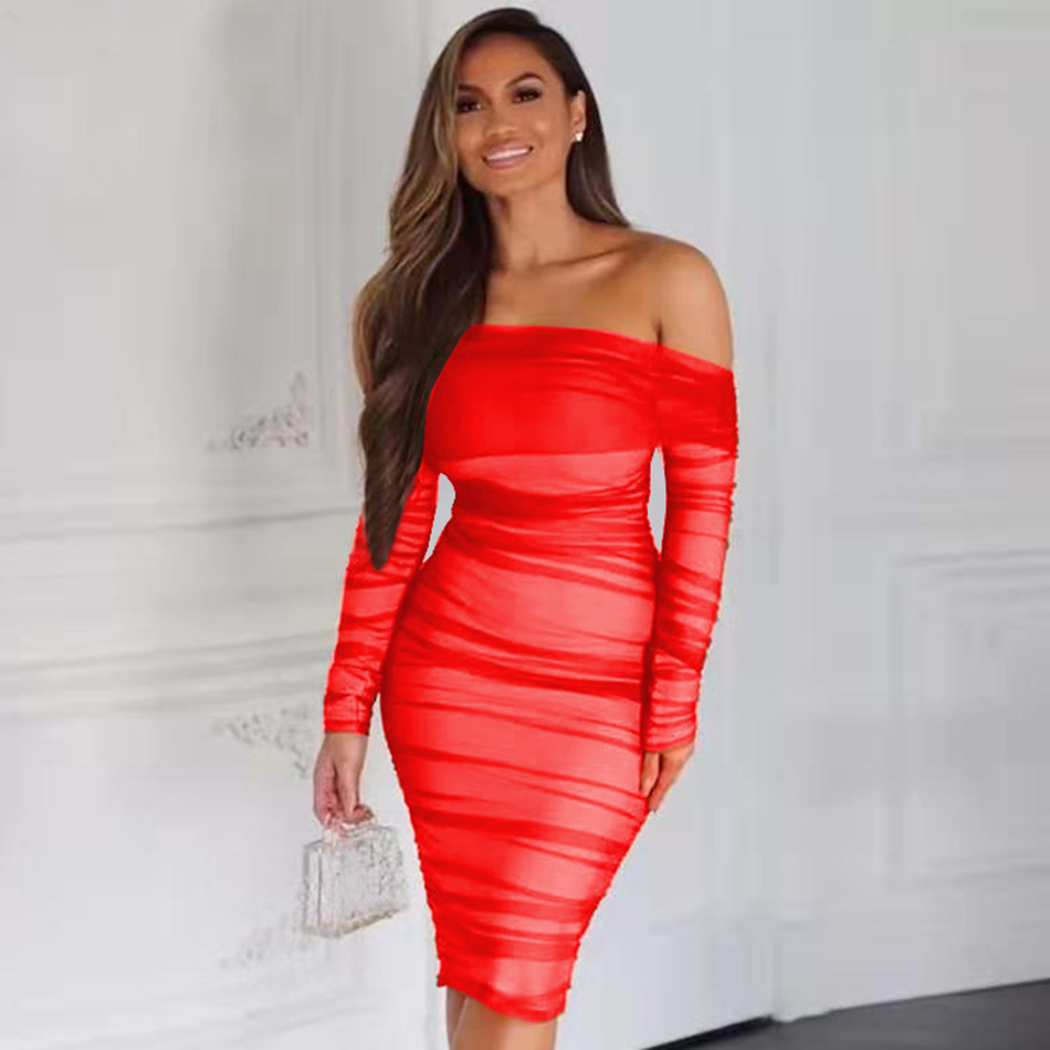 Summer Party Dress Ladies Sexy Pleated Mesh Tight Long Sleeve Off Shoulder See-Through Celebrity Club 210525
