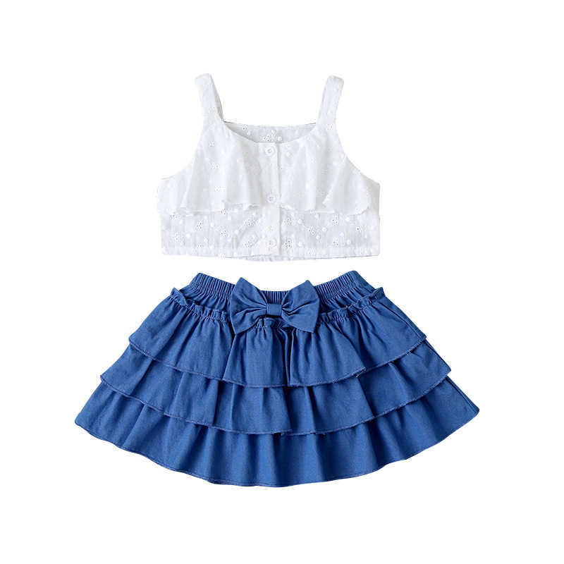 Girls Clothes Sets For Kids Cute Jacquard Fabric Strap White Tops Multi Layer Bow Denim Skirt Summer 210629