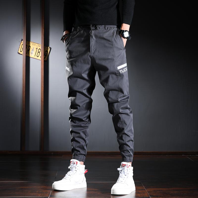 Casual Pencil Pants Men 2021 Fashion Letter Printed Trousers Korean Streetwear Black Drawstring Joggers Men's