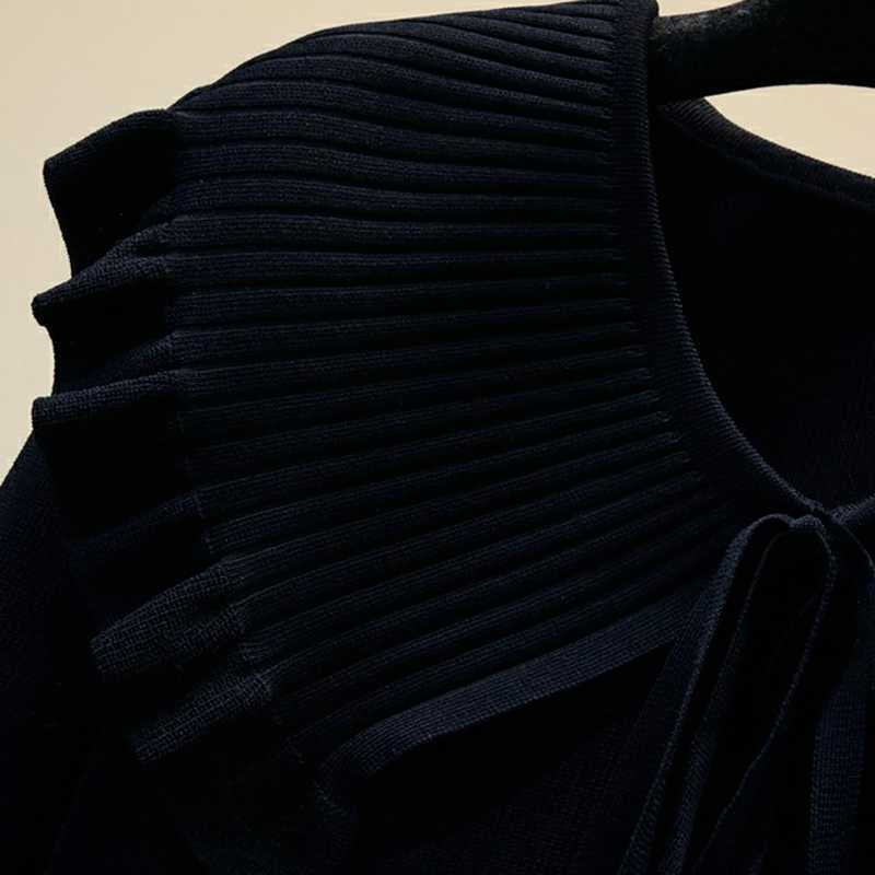 Peter Pan Collar Knitted Pullovers Woman Long Sleeve Solid Soft Fall Sweater Lace Up Elegant Office Lady Jumpers 211018