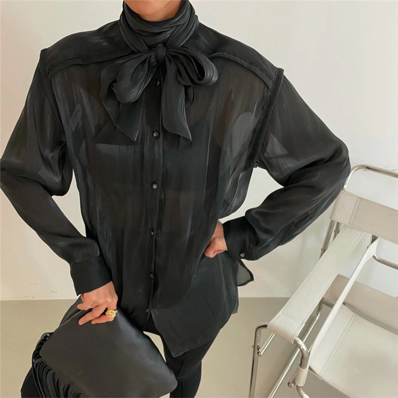 Work Wear Luster Bow Pleated Long Sleeve Solid OL Formal Elegant Minimalist Shirt Women Blouses Loose Tops Female 210421