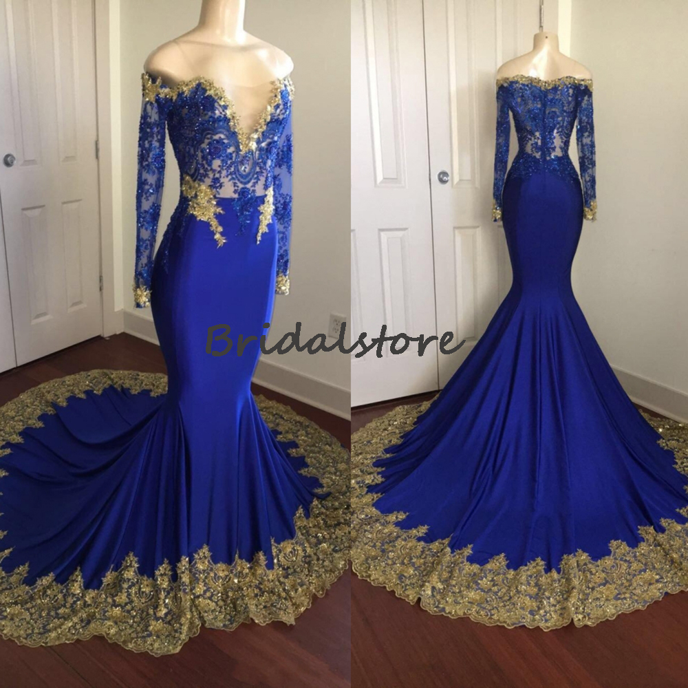 Elegant Royal Blue Mermaid Prom Dresses 2022 With Gold Lace Off The Shoulder Long Sleeve Plus Size Evening Dress With Sweep Train Vintage Robes De Soi