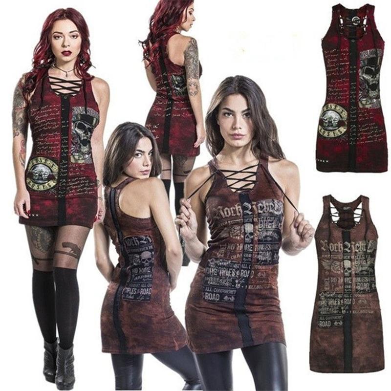 Punk Style Womens Club Gothic Skull Printing Vest Sexy Bandage Sleeveless O Neck Camisole Mini Dress Plus Size Casual Dresses