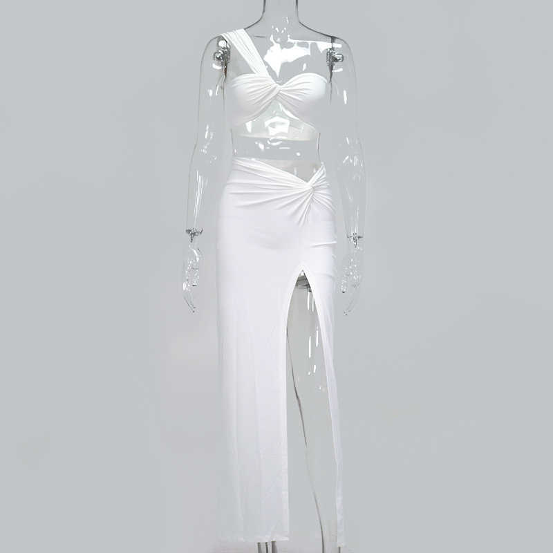 Colysmo Summer White Crop Top Long Skirts Two Piece Set Women Beach Party Club Sexy One Shoulder Twist Pleats 2 Outfits 210527