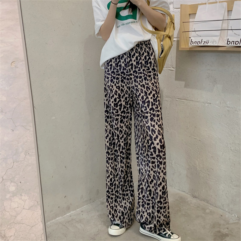 Pleated Leopard Stylish Straight Femme Prom Loose Party High Waist Summer Animal Printed Casual Pants 210421