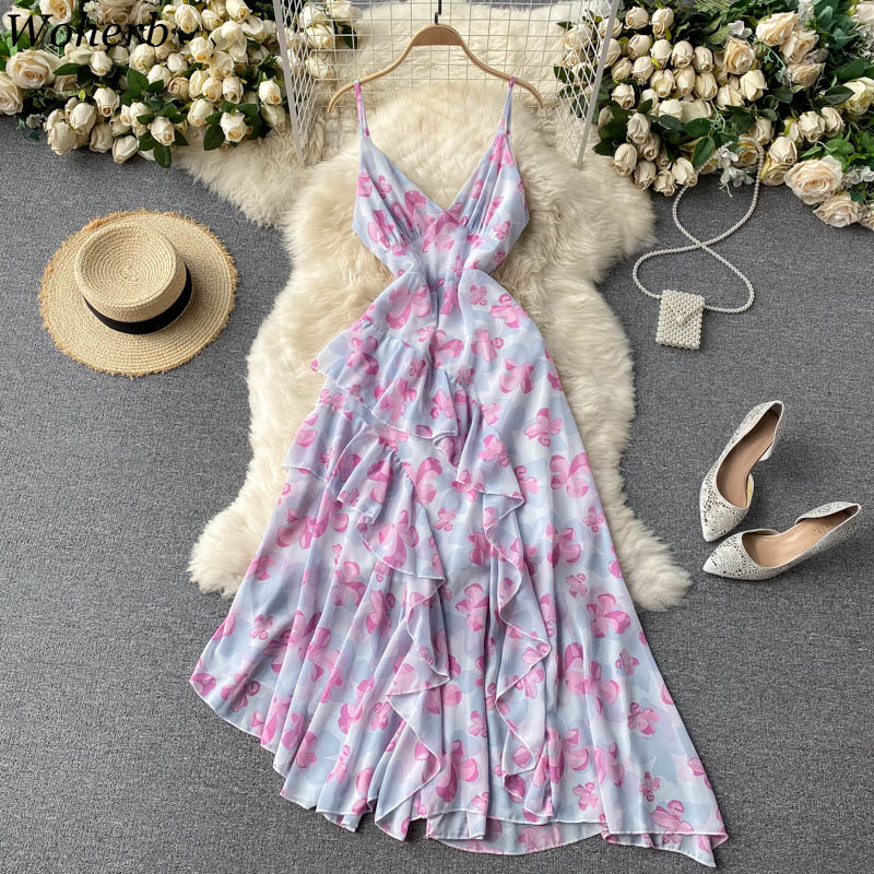Fashion Women Chiffon Floral Dress Summer Sexy Spaghetti Strap Party Dresses Elegant Ladies Asymmetrical Robe Vestidos 210519