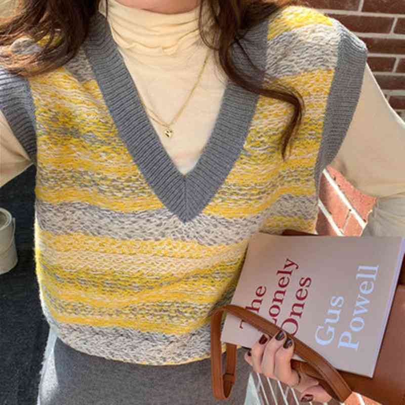 3Colors Spring and Autumn korean style v neck knitted Colorful sleeveless vest sweaters womens pullovers womens (X1747) 210423