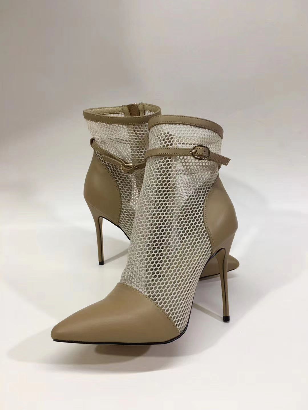 Apricot khaki pointed mesh ankle boots summer women's stiletto sandals Fashion leather material unique design zipper sandals summer boots