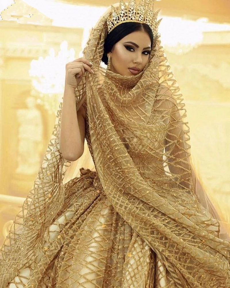 Arabic Dubai Gold Wedding Dresses With Veil Sequin Bridal Gowns Sexy V Neck Plus Size Sweep Train Vestido De Fiesta Boda