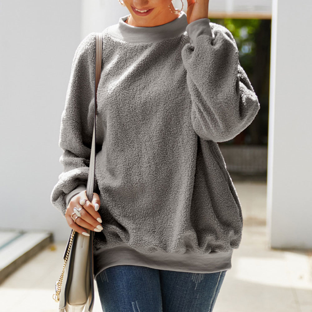 Autumn Long Sleeve O Neck Teddy Hoodies Vintage Solid Loose Sweatshirts Plush Harajuku Pullovers 210428