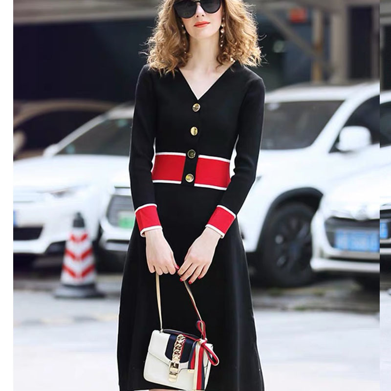 Winter Knitted Sweater Dress Women A-line Patchwork Color V-neck Long Sleeve Midi Elegant Ladies Vestidos 210421