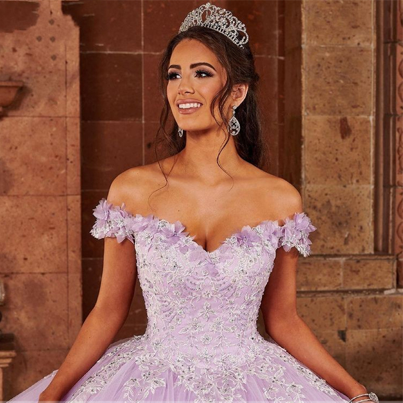 Lilac Quinceanera Dresses 2022 Off The Shoulder Masquerade Sweet 16 Gowns Lace Appliques Beaded Ball Gown Prom Dress
