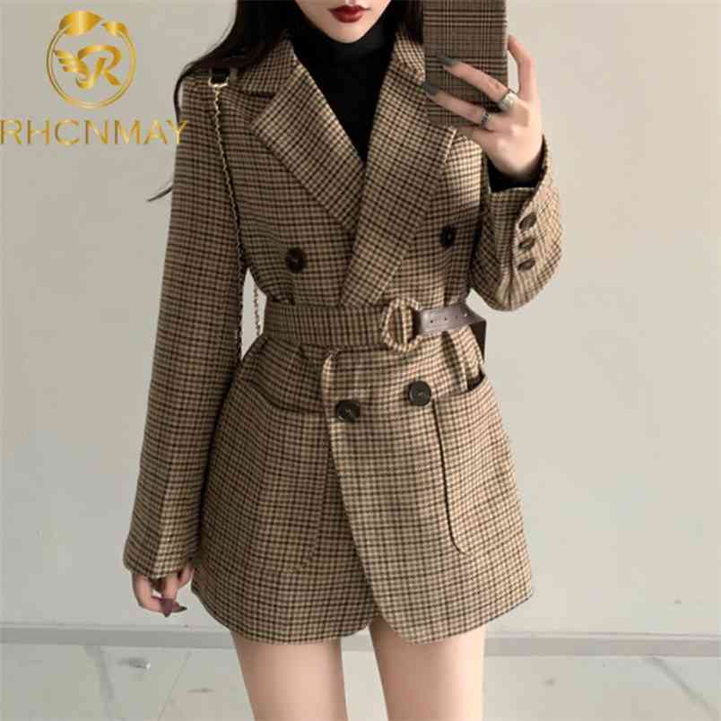 Spring Autumn Women's Sashes Jackets Notched Outerwear England Style OL Vintage Plaid Blazer Woolen Coat Tops Female 210506