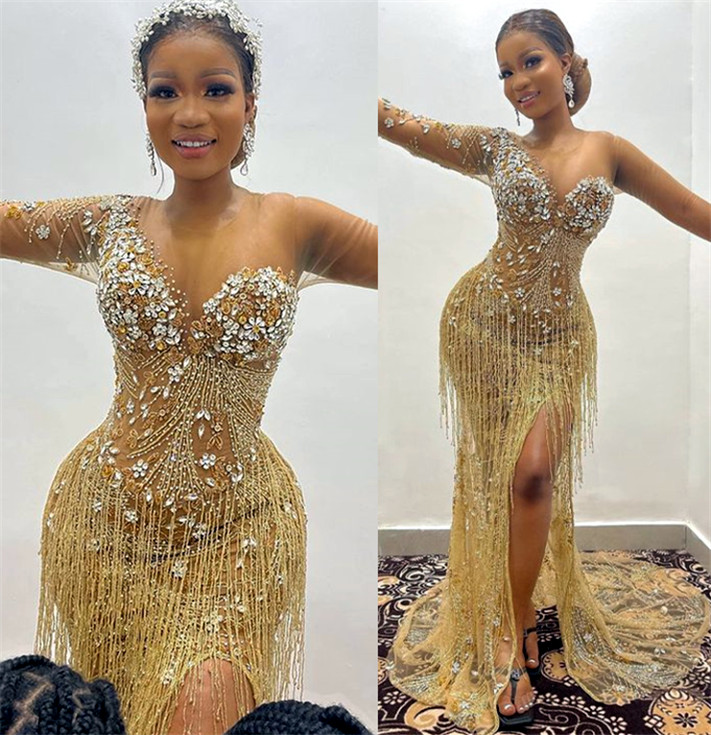 Plus Size Arabic Aso Ebi Gold Luxurious Mermaid Prom Dresses Beaded Crystals Sheer Neck Evening Formal Party Second Reception Gowns Dress ZJ66