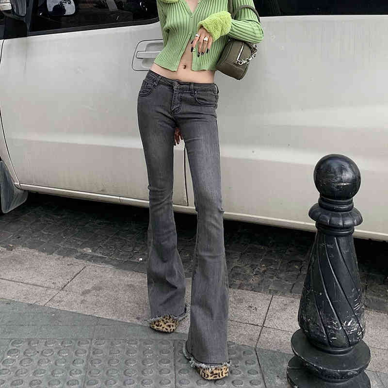 Streetwear Simple Jeans Women's Spring Autumn Low Waist Fashion Pocket Denim Mirco Flare Pants Female Tide 210427