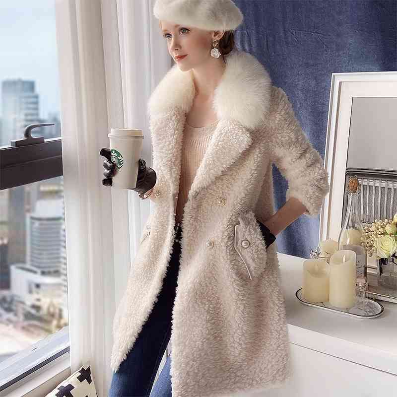 Dauwawa Thick Real Sheep Fur Coat Female Long Furry Fur Collar Outerwear Coat Women Autumn Winter Vintage Warm DT1DFR014 210520