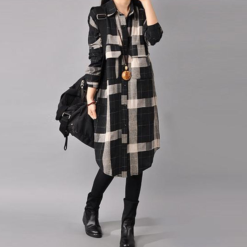 Arrival Spring Women Long Sleeve Loose Casual Shirt Plus Size Tunic Tops cotton linen Plaid Blouses Female Shirts D145 210512