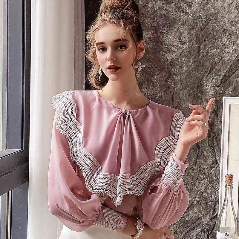 Dabuwawa Elegant Women Solid Blouse Spring Lace Ruffle Neck Lantern Sleeves Shirts Fashion Female Blouses Ladies DO1AST034 210520