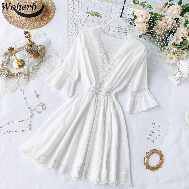 Woman Chic Dress Summer Vintage Hollow Out Tassel Dresses Elegant V-neck High Waist Short Sleeve Mini Boho Vestido 210519