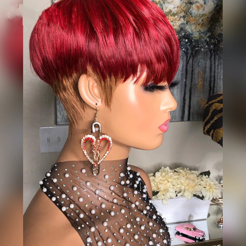 Free shipping 180density Ombre Red Short Bob Straight Wigs with Bangs Brazilian Virgin Pixie Cut Cheap Human Hair Wig for Black Women