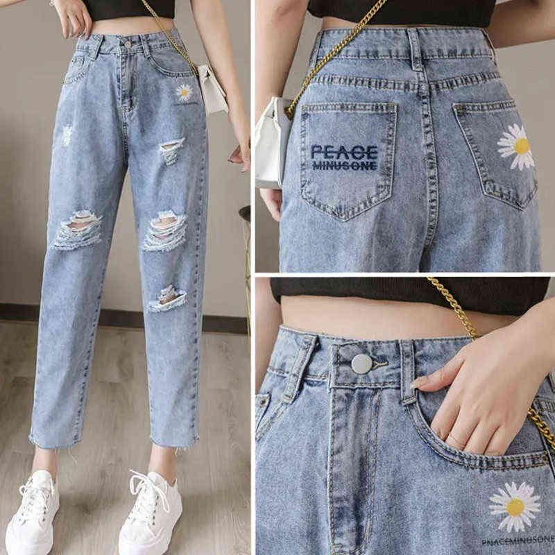 Embroidered daisy ripped jeans women loose cropped trousers summer thin high waist straight leg pants BF 211129