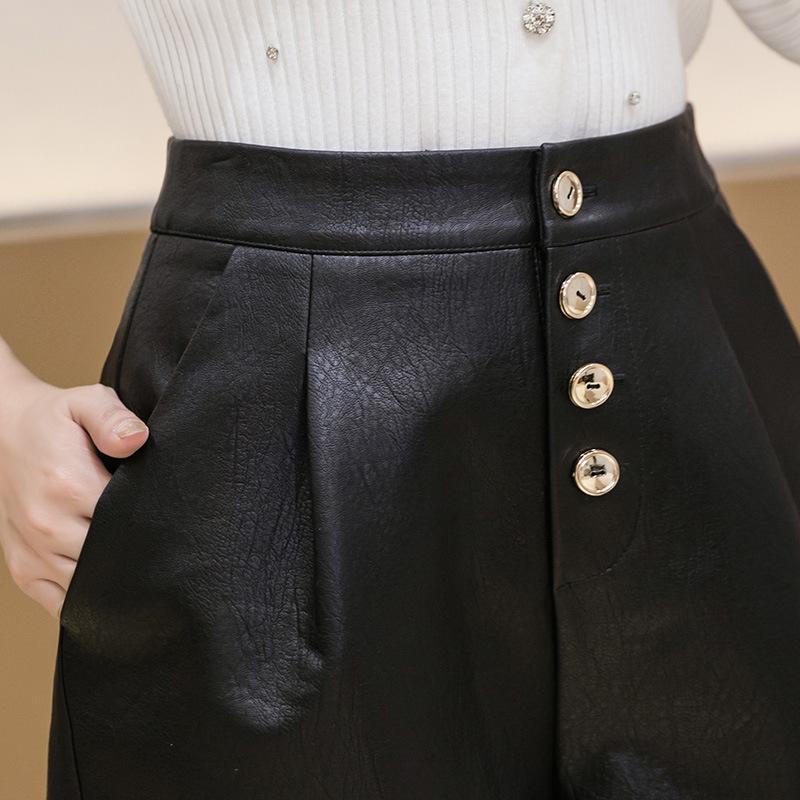 Single Breasted Pu Shorts Womens Fashion Ins Korean High Waist Wide Leg Leather Short Autumn Winter Slim Casual Femme Women's