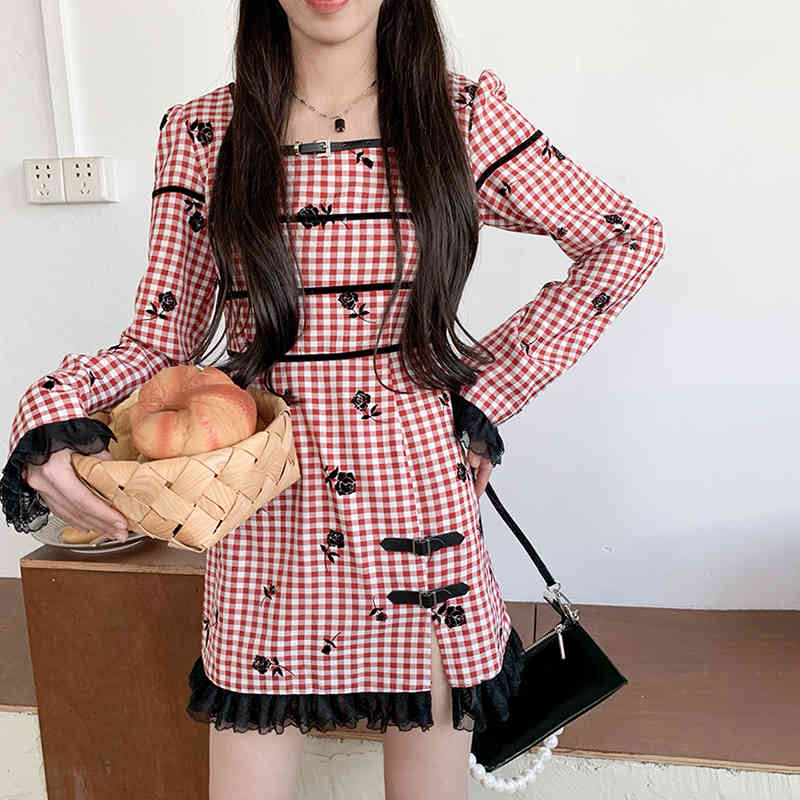 Sweet Rose Printed Dress Women's Spring Square Collor Slim Plaid Spliced Lace Split Mini Dresses Female 5C23 210427