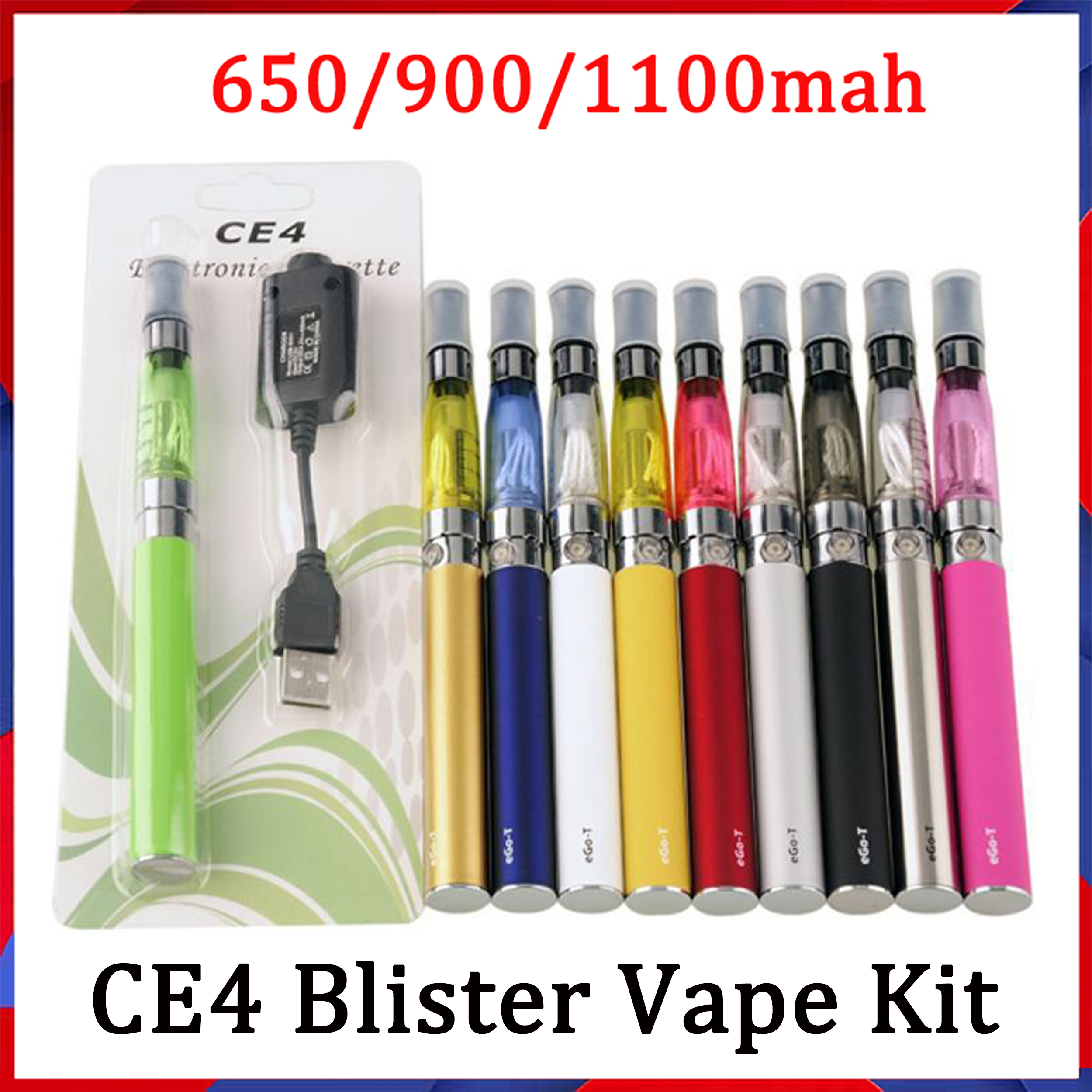 

Factory Wholesale Ego Evod CE4 Blister Starter Kit 650mAh 900mAh 1100mAh EGO-T Battery Atomizer Clearomizer E Cigarette Kits Vs Vision Spinner, Mix colors