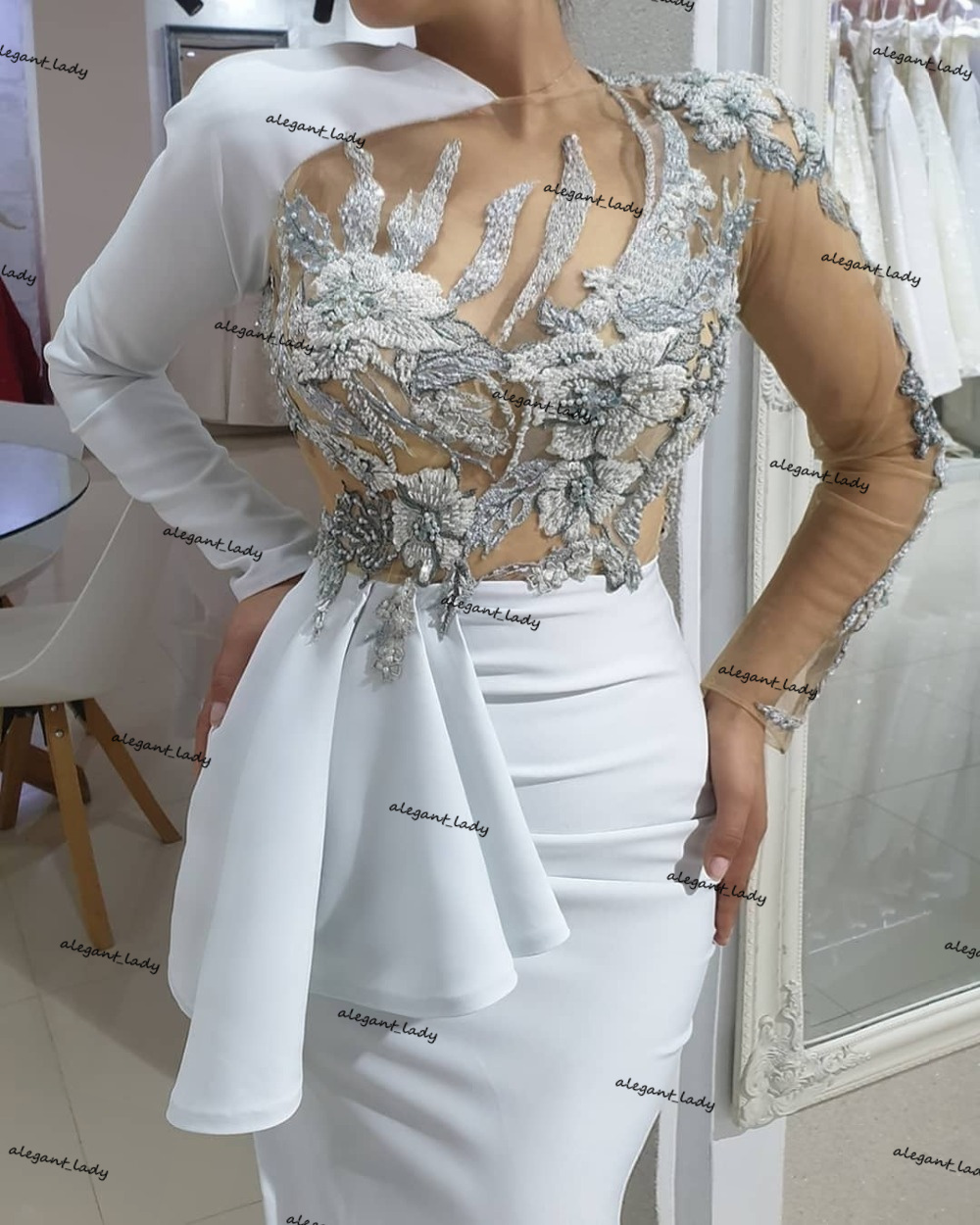 White Long Sleeve Prom Formal Pageant Dresses High End Floral Appliques Beaded sexy slit Peplum Evening Gowns robe de bal