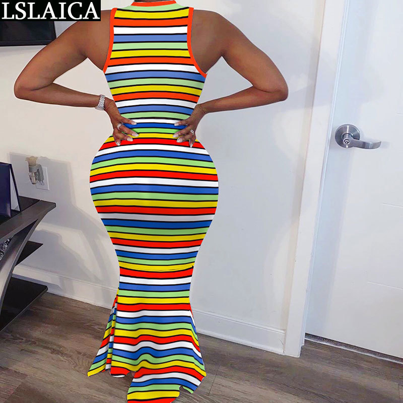 Maxi Dress Sleeveless Rainbow Striped Print Casual Bodycon Party Club Fashion Summer Elegant Women Femme Sukienka 210515