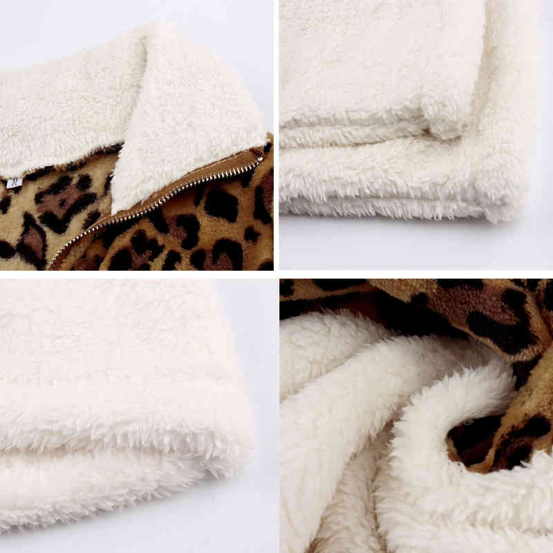 Women Winter Sweatshirt Leopard Patchwork Long Sleeve Pockets Ladies Plush Tops Zipper Pullover Warm Clothing Female 210415