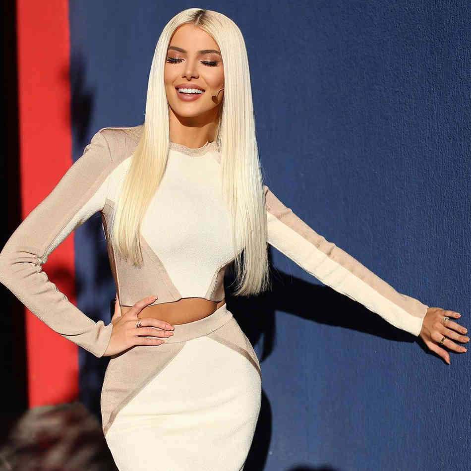 Winter Women White Bandage 2 Two Pieces Sets Long Sleeve O Neck Tops& Skirts Patchwork Celebrity Runway Party Set 210423