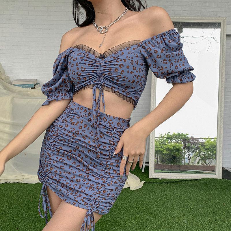 Two Piece Set Women Summer Outfits Bandage Mesh Short Sleeve Crop Top Leopard Blue And Skirt Club 2 Matching Sets Trendy Dress